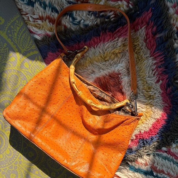 Free People Handbags - Genuine leather Italian polka dot ostrich leather bag/purse with bamboo handle